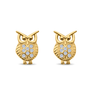 Lucky Owl Stud Earrings Round Pave Yellow Tone, Simulated CZ 925 Sterling Silver